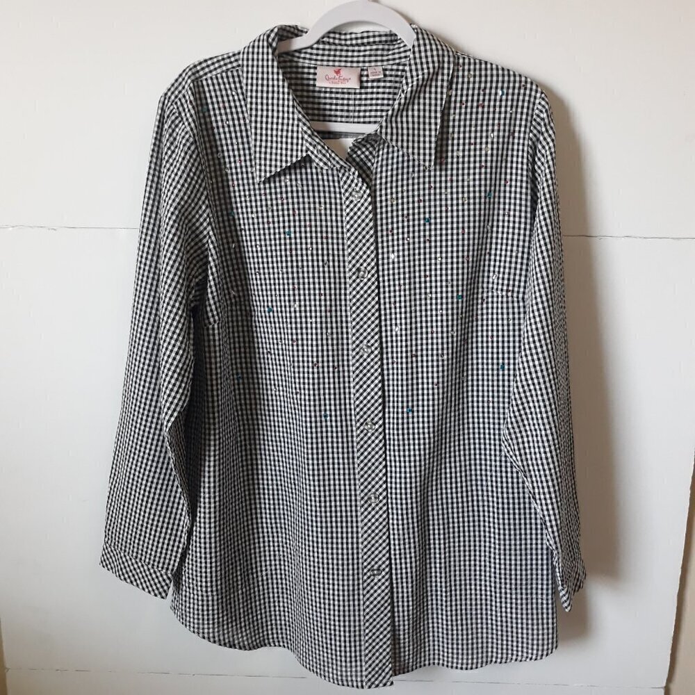 Gingham Button Up Tunic Top Colorful Embellishments New